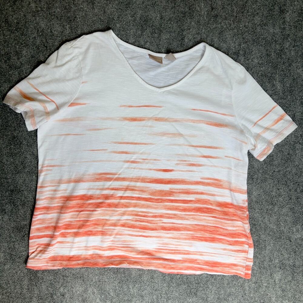 Chico's Women's Size 2 White Coral 100% Cotton Slub V-Neck Short Sleeve Top
